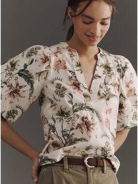 Anthropologie Floral Puff Sleeve Blouse